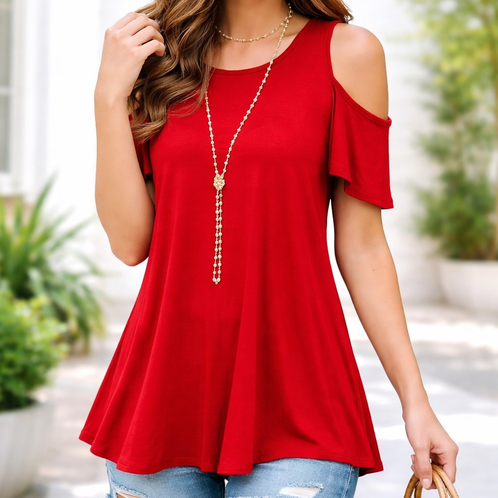 Reborn J Red Cold Shoulder Tunic Top Medium Flowy A-Line Casual Summer